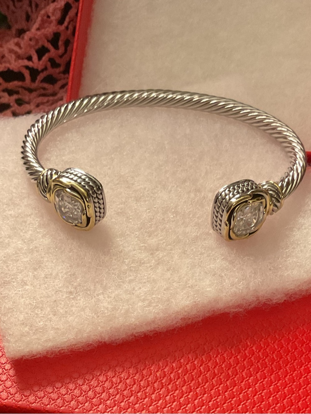 Sterling Silver Twist Open Cuff Bracelet with Gold Accents and Clear Stones